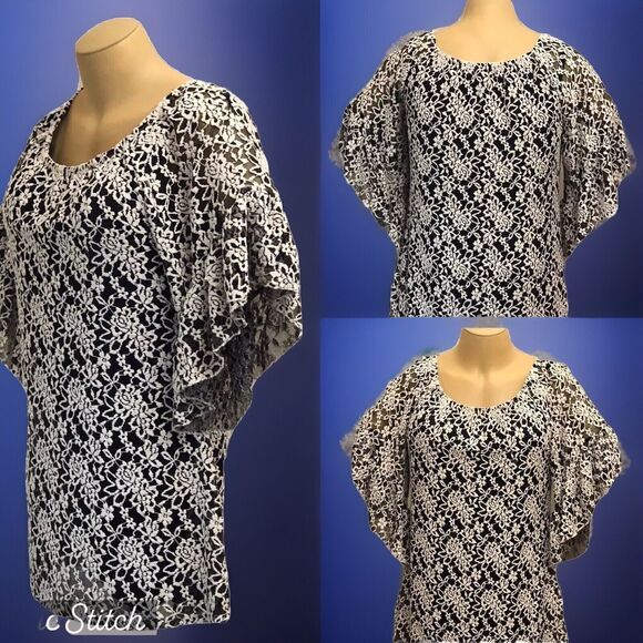 Lilypad XL A-Line Dress Tunic Short Top Black White Lace Overlay Angel Wing SLV - Picture 2 of 12